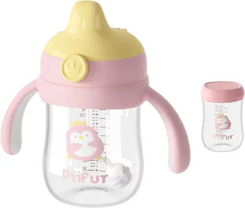 Miniatura 10 de Piifur Tritan - Vaso para beber con tapa de almacenamiento para 6 a 18 meses, a prueba de fugas, vaso con popote con peso con asa para bebé, 8 onzas