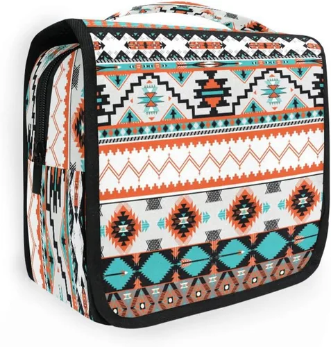 Bolsa de aseo étnica azteca colgante, bolsa de cosméticos de viaje geométrica, bolsa organizadora de maquillaje, bolsa de lavado portátil con gancho
