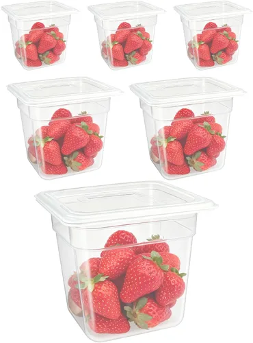 Miniatura 9 de Paquete de 6 bandejas de plástico para alimentos con tapas, tamaño 1/6 recipientes comerciales de almacenamiento de alimentos para fiestas