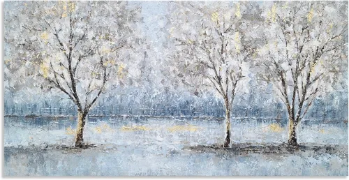 Miniatura 10 de NdcSkyArt Lienzo decorativo para pared con diseño de bosque, pinturas abstractas de árboles texturizadas pintadas a mano con lámina dorada