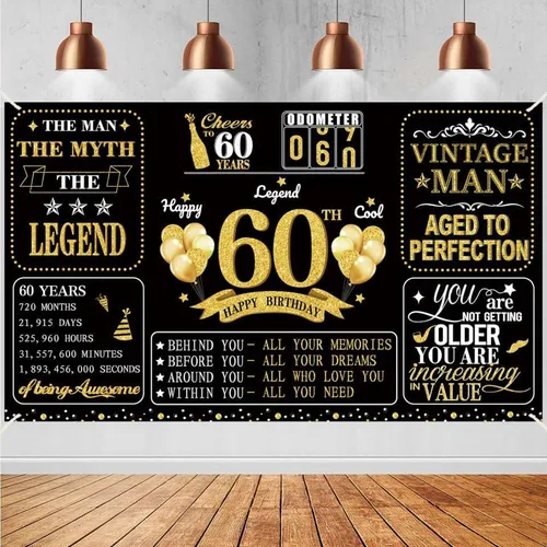 Eucutur Decoraciones grandes de fiesta de cumpleaños 60 para hombres, decoración vintage de 60 cumpleaños negro dorado para fiesta de cumpleaños 60,