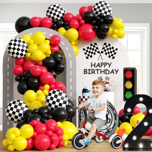 Miniatura 4 de Kit de arco de globos de auto de carreras de 132 piezas, decoraciones de fiesta con globos rojos, negros y amarillos, globos de rueda a cuadros