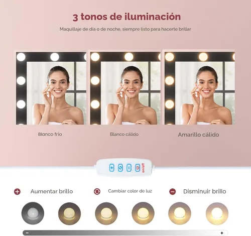 Miniatura 2 de HAUOMS Tocador con luces y espejo, tocador de maquillaje con 11 cajones y regleta de enchufes, 6 estantes abiertos, escritorio de tocador de 110 cm