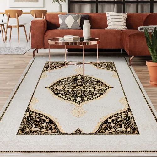 Antep Rugs Babil Gold - Alfombra tradicional para interiores, de 8 x 10 pulgadas, con borde oriental con textura alta, baja, beige y negro, 7 pies