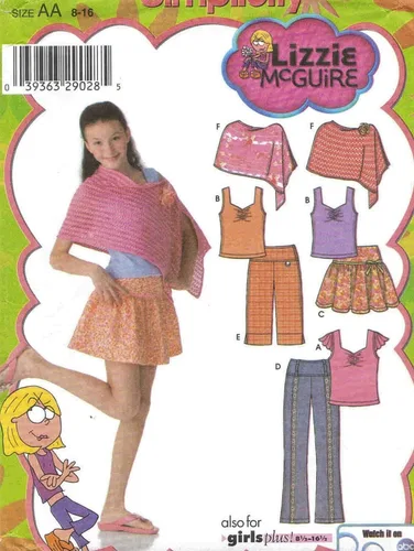 Simplicity 4648 Lizzie M. Mini falda, pantalones o pantalones cortos, poncho y parte superior de punto para niña, patrón de costura talla AA (8-16)