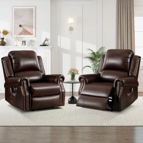 Miniatura 11 de HAOMARKETS Silla reclinable eléctrica clásica con masaje y calor, sillón reclinable eléctrico de piel sintética transpirable con puerto USB, sofá