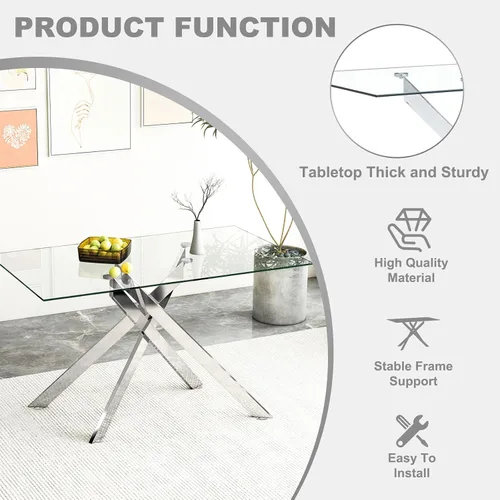 Miniatura 6 de Juego de mesa de comedor de vidrio de 51 pulgadas para 4, mesa de cocina rectangular moderna de vidrio con 4 sillas tapizadas de terciopelo, juego