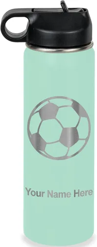Miniatura 56 de LaserGram Botella de agua personalizada, pelota de fútbol, acero inoxidable de doble pared aislada al vacío con popote superior, regalo grabado