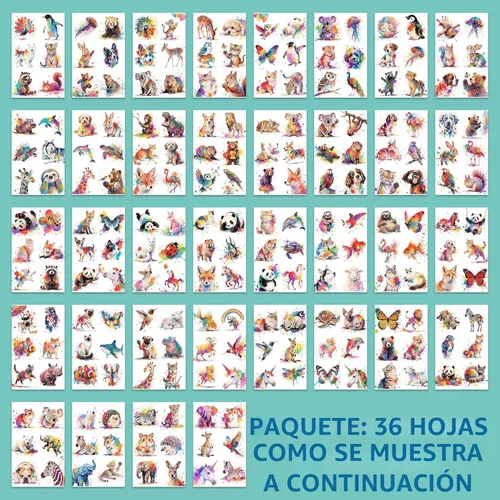 Miniatura 2 de Juego de tatuajes temporales de animales de acuarela de 216 piezas (36 hojas) para niños, calcomanías de animales lindos para niñas, niños, cuerpo