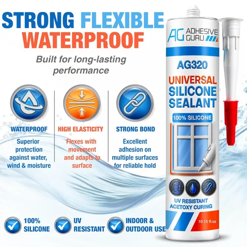 Miniatura 3 de Adhesive Guru Sellador de Silicona Transparente Multiusos Impermeable (12 x 10.15 fl.oz.), Masilla de Silicona 100%, Sellador Adhesivo Resistente a