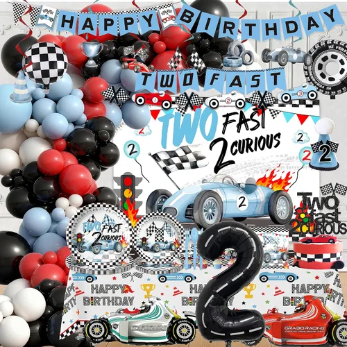 Dos decoraciones de cumpleaños de 2º cumpleaños de auto de carreras rápidas, incluyen plato, taza, servilleta, telón de fondo, pancarta, mantel y