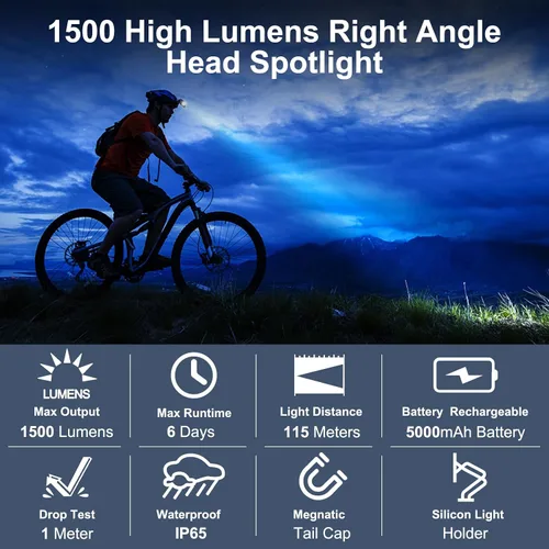 Miniatura 3 de Linterna frontal recargable – 1500 lúmenes en ángulo recto diadema LED, linterna impermeable para adultos al aire libre, camping, senderismo, pesca