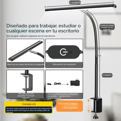 Miniatura 3 de Airlonv Lámpara de escritorio LED para oficina y hogar, luz de escritorio con atenuación continua ajustable y cuello de cisne flexible, lámpara