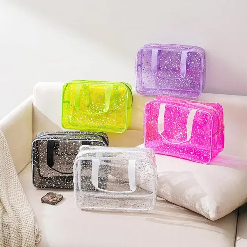 Miniatura 4 de SxoSyo Bolsas de maquillaje transparentes grandes para mujer, bolsa transparente para cosméticos, con asa, organizador de baño, Verde (Green Star)