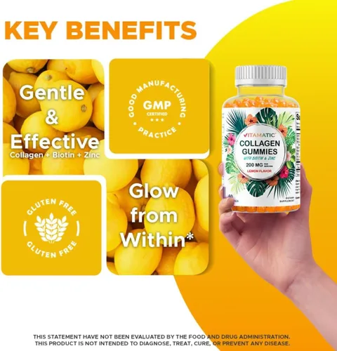 Miniatura 5 de Vitamatic Gomitas de colágeno hidrolizado con vitamina C, zinc y biotina, 200 mg - Apoyo para la piel saludable - 60 gomitas