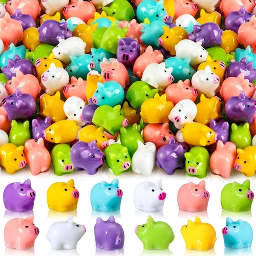 Libima 120 piezas de mini cerdos de resina, figuras de cerdos lindos en miniatura, coloridos, para decoración de pasteles, jardín, paisaje, acuario,