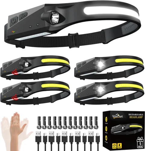 Miniatura 7 de Linterna frontal recargable, 3 piezas, lámpara de cabeza de haz ancho de 230°, linterna frontal LED recargable con sensor de movimiento, linternas