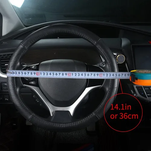 Miniatura 6 de QianBao Funda de cuero genuino para volante de automóvil, color negro para volantes de 13.5 a 14.2 pulgadas, absorbente de sudor (negro)