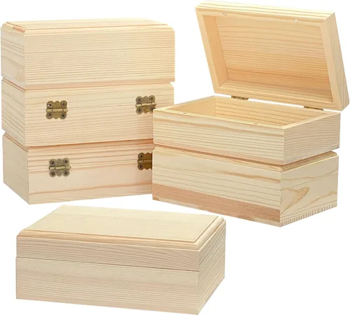 Cregugua Paquete de 6 cajas de madera rectangulares sin terminar de madera de pino para manualidades, tapa magnética con bisagras (5.5 x 3.5 x 1.9