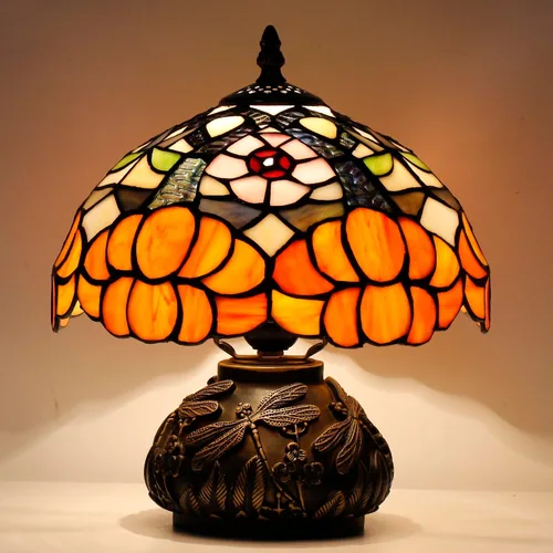 Miniatura 2 de Lámpara de mesa pequeña Tiffany estilo flores naranjas lámpara de escritorio de 10 x 11.5 pulgadas con forma de hongo para oficina, hogar, sala