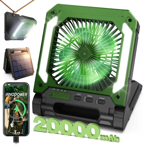 Ventilador portátil recargable de 20000 mAh con panel solar 2 en 1, ventilador inalámbrico de 3 velocidades con batería, linterna LED, temporizador,