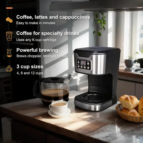 Miniatura 3 de Cafetera programable de 12 tazas, máquina de café de preparación y goteo, totalmente automática, ajuste de 1-4 tazas, de acero inoxidable, función