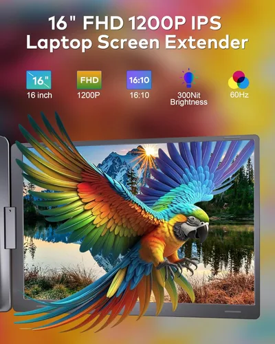 Miniatura 2 de Monitor portátil de triple pantalla de 16 pulgadas para laptop, extensor de pantalla FHD 1200P, 1 cable para monitor cuádruple de 3 pantallas, Gris