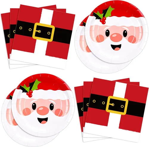 Whaline Juego de 90 piezas de suministros para fiesta de Navidad, platos de papel con patrón de Papá Noel de 9 pulgadas y cinturones de Papá Noel,