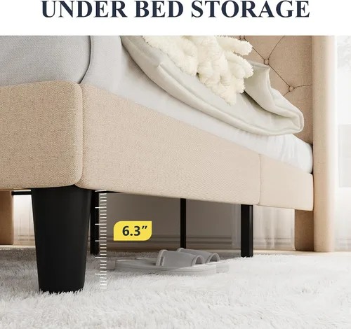 Miniatura 5 de Allewie Base de cama de tamaño matrimonial con cabecera copetuda con botones en la parte trasera, marco de cama tapizado moderno con soporte