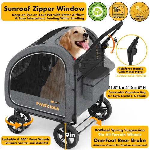 Miniatura 8 de PAWZIDEA Cochecito grande para perros con transportador desmontable, jaula portátil para perros de viaje en automóvil, múltiples cochecitos