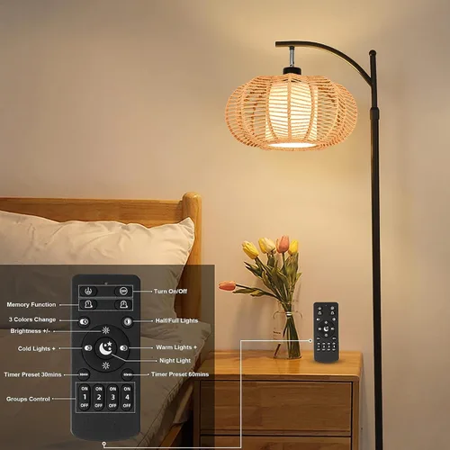 Miniatura 4 de ZECOXOL Lámparas de pie de arco para sala de estar, dormitorio, lámpara de pie bohemia de ratán con control remoto, lámpara de pie LED regulable