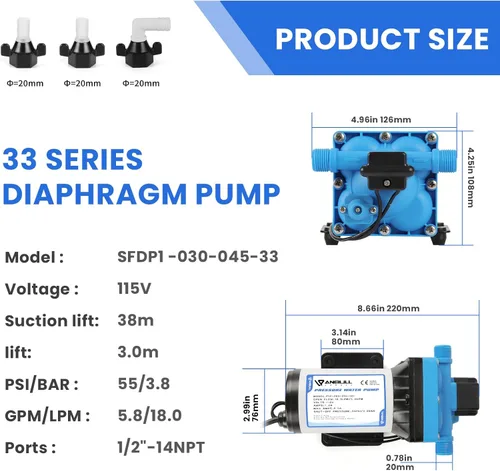 Miniatura 6 de Anbull Bomba de agua autocebante de 110 V, 5.0 GPM, 55 PSI, bomba de diafragma de presión de agua industrial con adaptadores de manguera de jardín