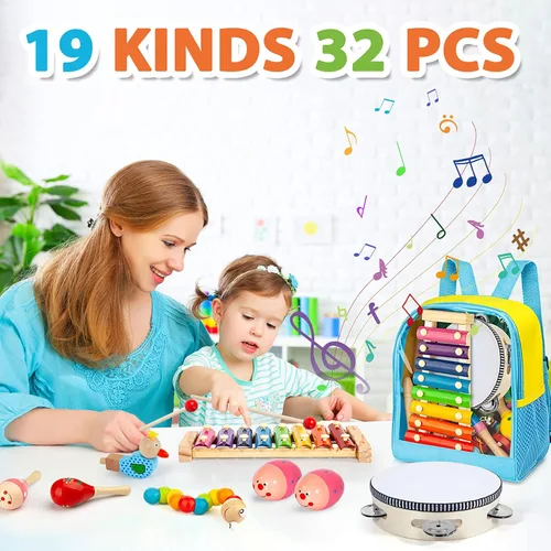 Miniatura 2 de Juego de instrumentos musicales para niños pequeños, 32 piezas, 19 tipos de instrumentos de percusión de madera, juguetes para niños que juegan