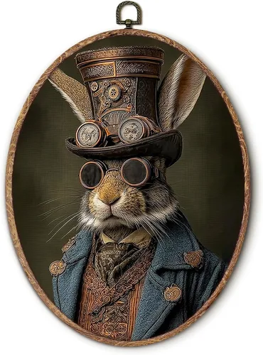 Hxlac Arte de pared ovalado de conejo vintage enmarcado, decoración de pared ovalada de conejo caprichoso, impresiones en lienzo de conejo Steampunk