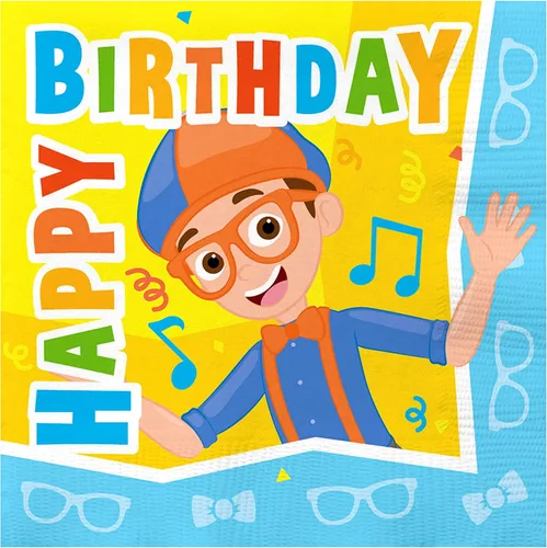 Treasures Gifted Servilletas de fiesta Blippi con licencia oficial, paquete de 16 servilletas Blippi, suministros para fiesta de cumpleaños de