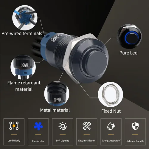 Miniatura 4 de STARELO 5 piezas Interruptor de botón LED momentáneo de 12 mm con carcasa negra y pre-cableado, interruptor de botón a prueba de agua IP65, 1NO 1