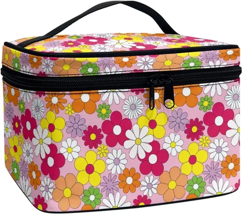 60S Groovy Hippie Flower Pink Pattern Travel Makeup Bags for Women Portable Tote Cosmetic Case with Carry Handle Toiletry Accessories Storage