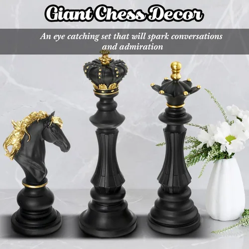 Miniatura 3 de Juego de 3 piezas de decoración de estatua de ajedrez grande, rey y reina, caballero, pieza de ajedrez, escultura, adorno coleccionable