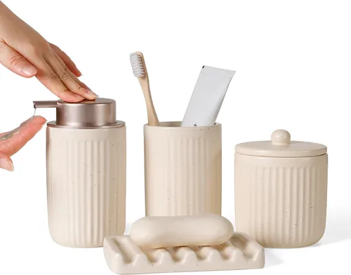 Miniatura 15 de BosilunLife Juego de accesorios de baño, juego de cerámica para decoración de baño, dispensador de jabón de espuma y soporte para cepillos