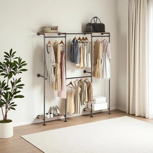 Miniatura 4 de KaKaBB Perchero industrial de tubería, perchero de pared para colgar ropa, perchero de esquina ajustable en forma de L con estantes, sistema de Negro