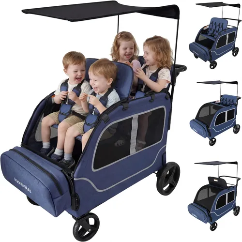 Miniatura 11 de Cochecito grande de 4 plazas, 2, 3, niños pequeños, color negro Car Shaped, Foldable, All Terrain, Removable Canopy, 5 Point Harness, Travel