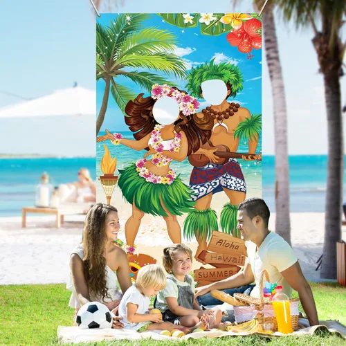 Miniatura 6 de HiParty Decoraciones de fiesta hawaiana Luau, pancarta de fotos de pareja Luau, accesorios de fotos de Tiki Luau para fiesta en la playa, pancarta