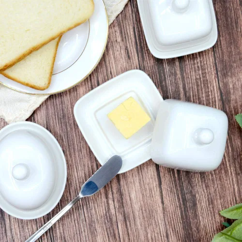 Miniatura 7 de NAGU Mini plato de mantequilla ovalado con tapa, plato de queso blanco con forma de procelain abovedado con asa, bandeja de mantequilla pequeña
