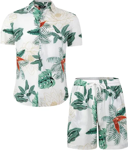 Miniatura 2 de Atwfo Conjunto de camisa hawaiana y pantalón corto para hombre, conjunto de 2 piezas para vacaciones, casual, con botones, playa, trajes florales