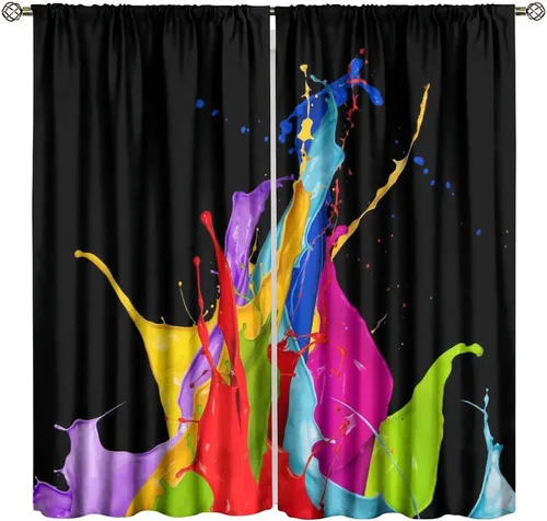 Miniatura 44 de Cortinas opacas abstractas de arco iris, pintura de color arcoíris con gotas, diseño gráfico creativo con bolsillo para barra, para sala de estar