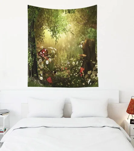 Miniatura 7 de EMMTEEY Tapiz de pared con bosque - Árbol de pino verde y niebla, arte de pared natural, 80x60 pulgadas, tapiz grande de estilo bohemio para sala