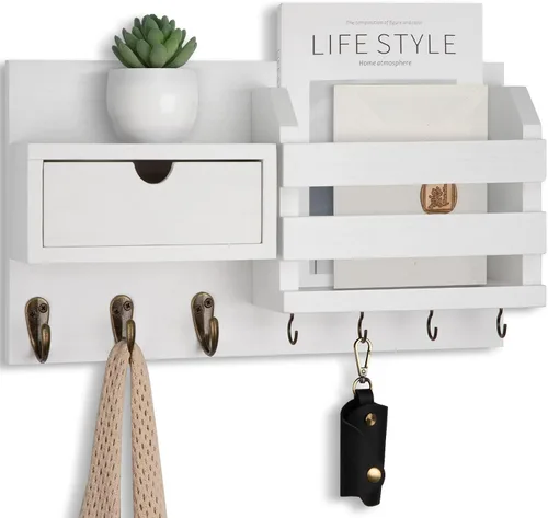 Miniatura 10 de Lwenki Organizador de llaves y correo de pared con cajón de almacenamiento, 100% madera de Paulownia, 7 ganchos de metal, decoración del hogar