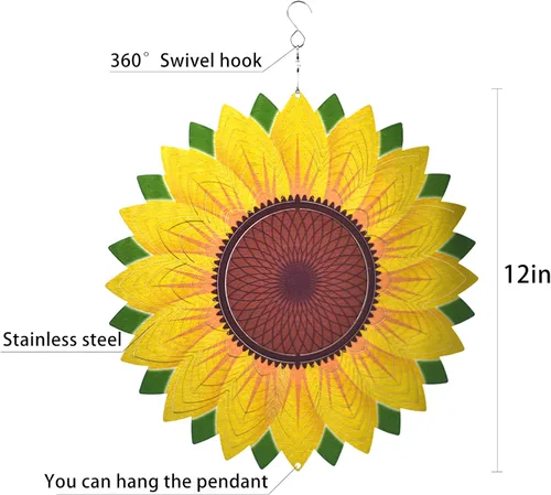 Miniatura 4 de Molinillo de viento para patio, decoración de jardín, esculturas de metal de acero inoxidable 3D, girasol, cinético colgante, decoración de patio
