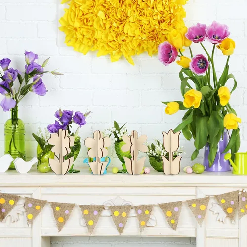 Miniatura 6 de COCHIE Manualidades de madera de primavera de flores 3D para pintar, rebanadas de madera sin terminar pintables para manualidades, recortes