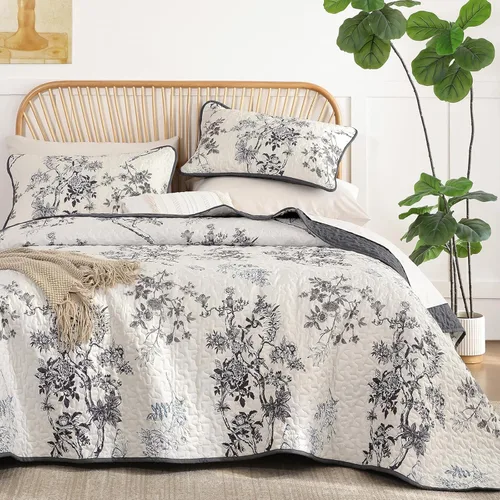Miniatura 22 de WONGS BEDDING Juego de edredón floral matrimonial, juego de colcha con patrón botánico azul para mujeres, adolescentes y niñas, juego de ropa
